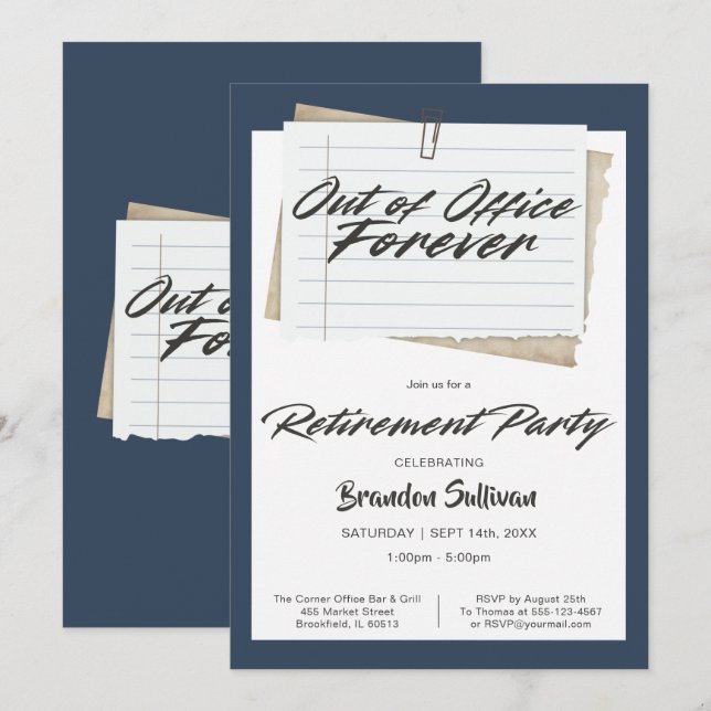 Invitation Simple Fête de Retraite Définitive Hors du Bureau (Devant / Derrière)
