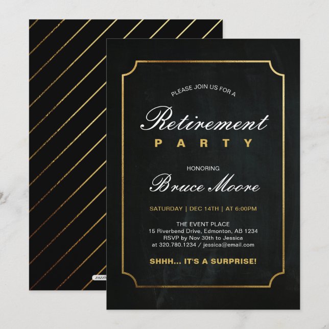 Invitation Simple Fête de Retraite Surprise Élégante en Or (Devant / Derrière)