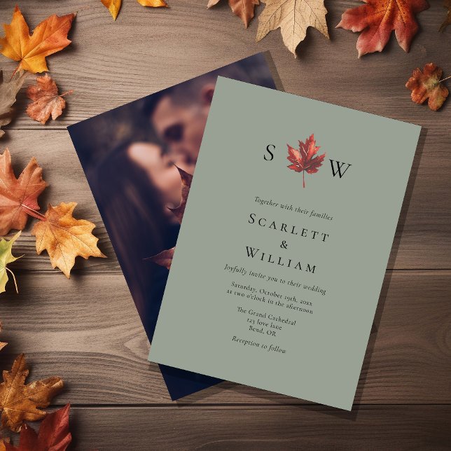 Invitation Simple Feuille D'automne Vert Sauge Monogramme Pho (Créateur téléchargé)