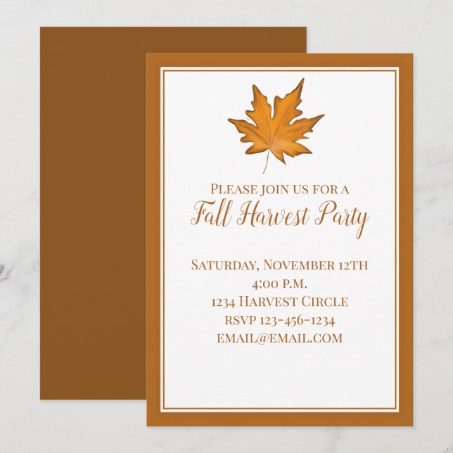 Invitation Simple feuille d'érable brun automne (Devant / Derrière)