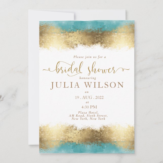Invitation Simple feuille d'or aqua bleu bordure douche nupti (Devant)