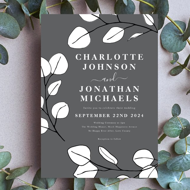 Invitation Simple Feuille Moderne Design Gris (Simple leaves stylish modern gray black and white wedding invitation)