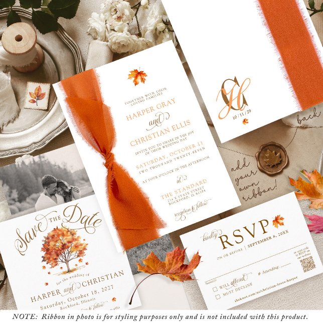 Invitation Simple Feuilles D'automne Ruban Moderne Mariage D' (Simple elegant watercolor fall leaf tree script monogram Autumn wedding invitation, just add ribbon!)