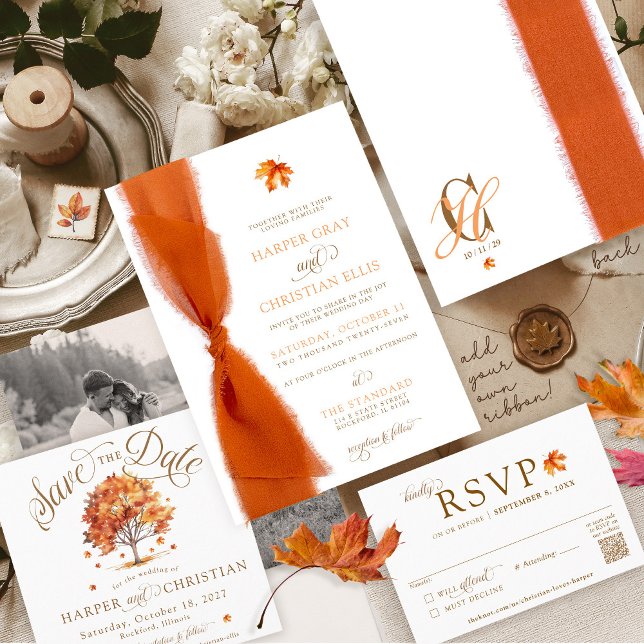 Invitation Simple Feuilles D'automne Ruban Moderne Mariage D' (Simple elegant watercolor fall leaf tree script monogram Autumn wedding invitation, just add ribbon!)