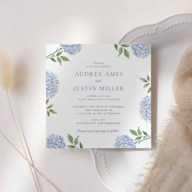 Invitation Simple Fleur d'Hydrange Bleue Carrée de Mariage (Créateur téléchargé)