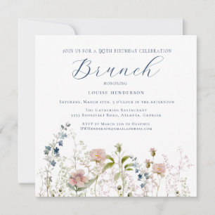 Invitation Simple Fleur sauvage bleu 90e anniversaire Brunch