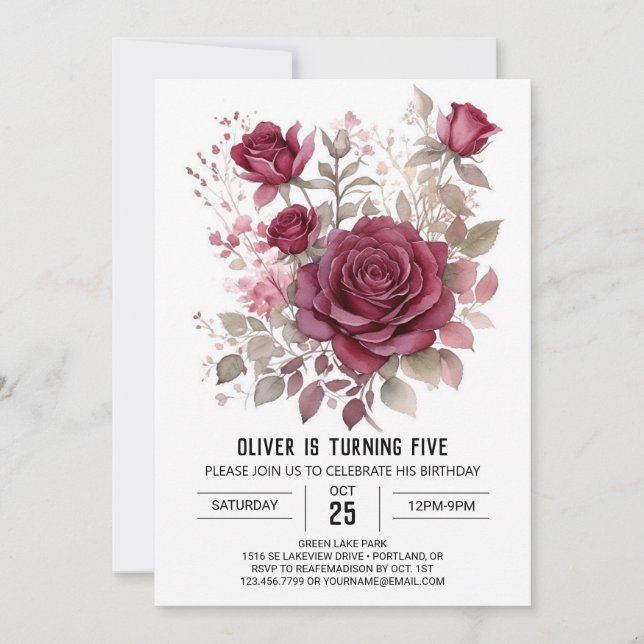 Invitation Simple Fleur sauvage Bourgogne Floral Anniversaire (Devant)