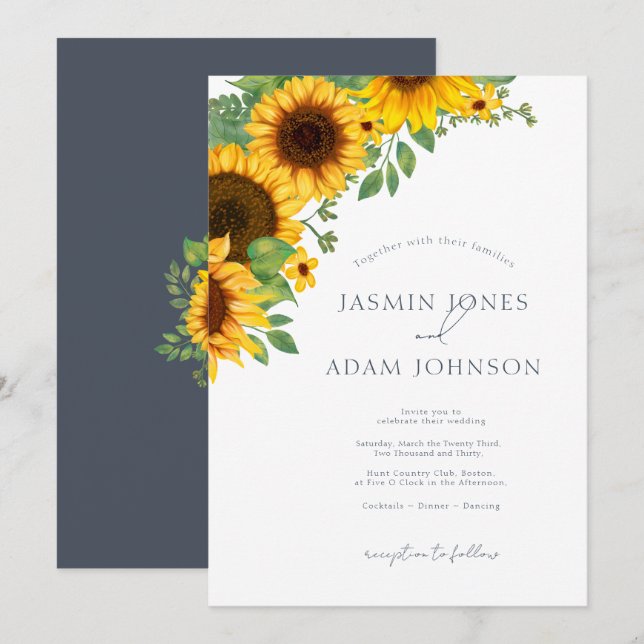 Invitation Simple Fleurs de Tournesol Mariage Bleu Ardoise (Devant / Derrière)