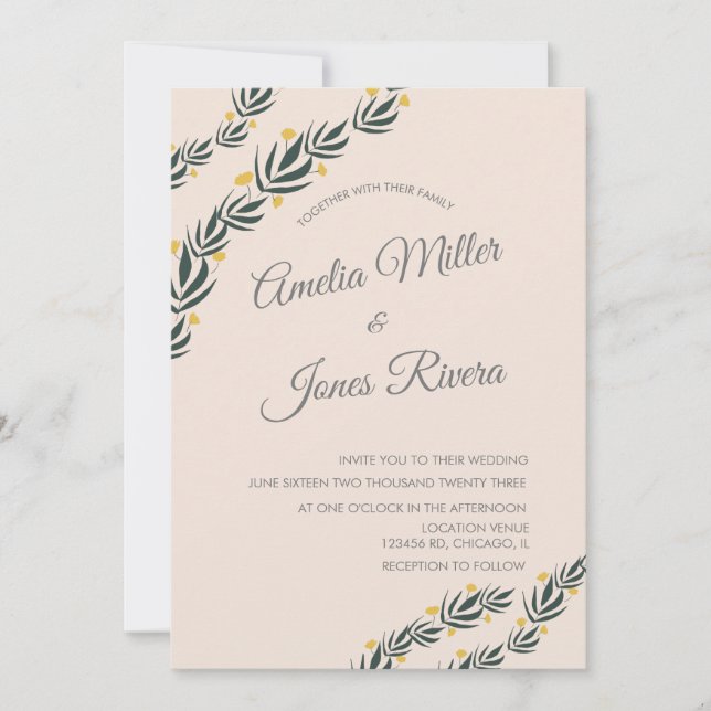 Invitation Simple Fleurs De Verdure Jaune Fleur Mariage  (Devant)