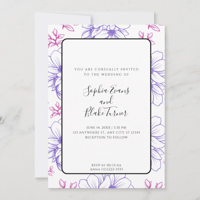 Invitation Simple Fleurs Mariage Dessinées au Trait Rose et V (Devant)