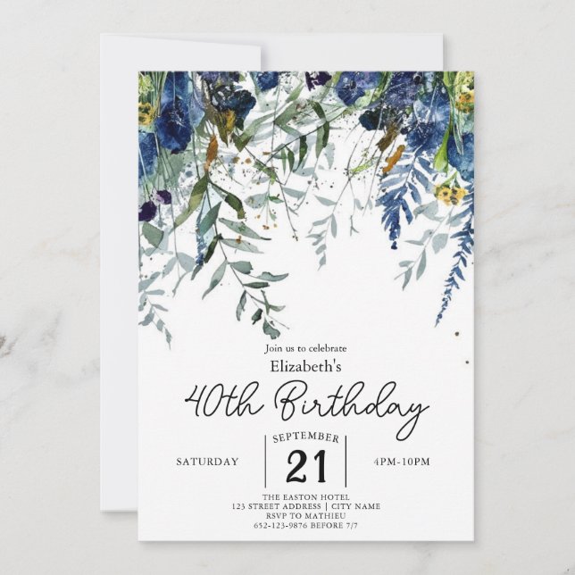 Invitation Simple Fleurs sauvages Delicate 40e anniversaire (Devant)