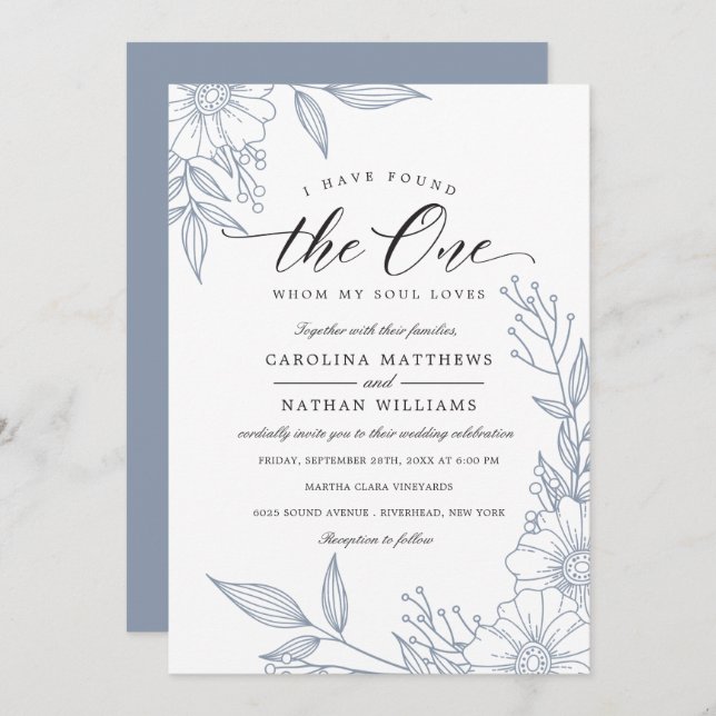 Invitation Simple Floral J'Ai Trouvé Celui | Mariage bleu (Devant / Derrière)