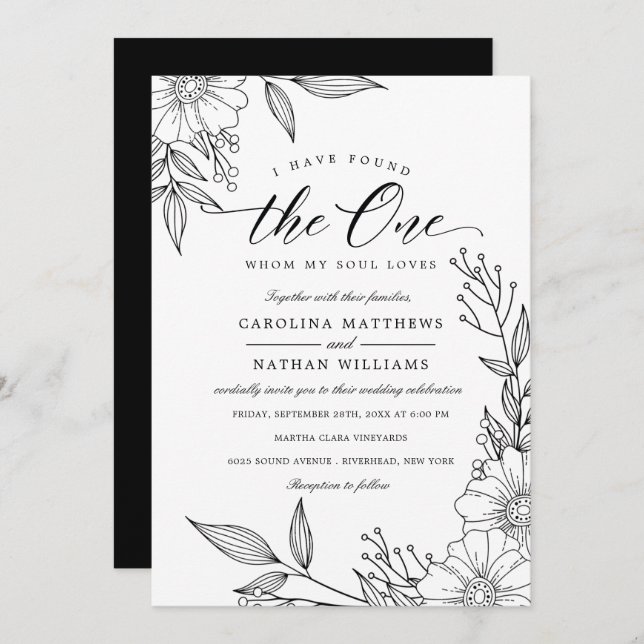 Invitation Simple Floral J'Ai Trouvé Celui | Mariage noir (Devant / Derrière)