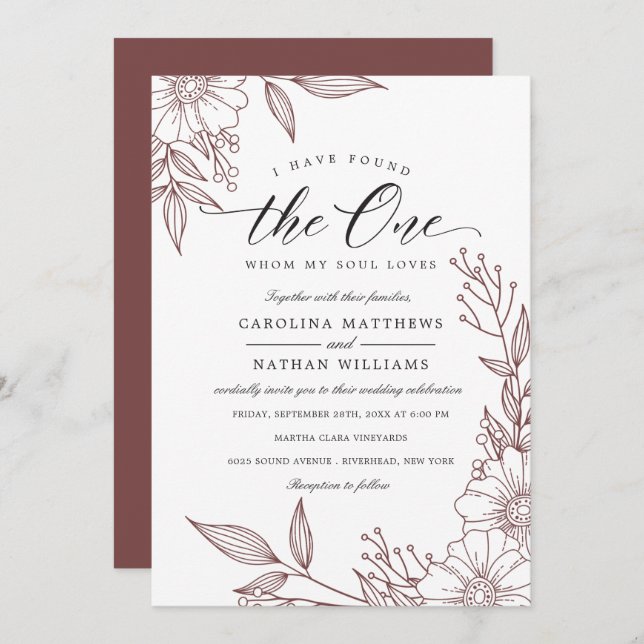 Invitation Simple Floral J'Ai Trouvé Celui | Mariage rouge (Devant / Derrière)