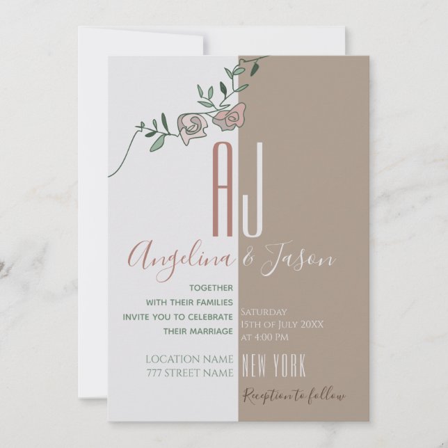 Invitation Simple Floral Rose Pâle Vert Terre Cuite Mariage (Devant)