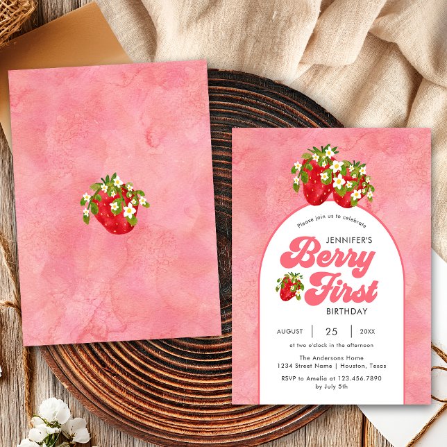 Invitation Simple Floral Rouge Fête de Premier Anniversaire d (Créateur téléchargé)