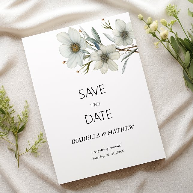 Invitation Simple floral Save the Date blanc menthe de printe (Simple white mint spring floral Save the Date)