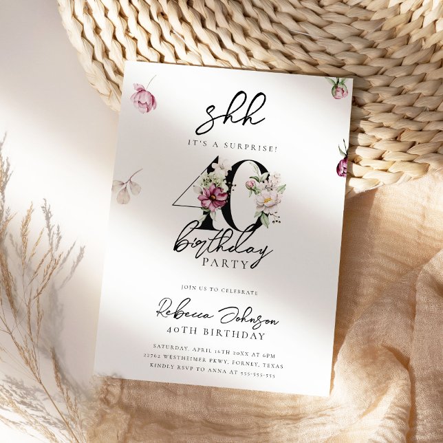 Invitation Simple Floral Surprise 40e anniversaire (Créateur téléchargé)