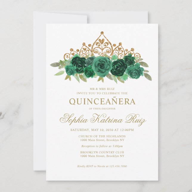 Invitation Simple Floral Vert Emeraude Or Couronne Quinceañer (Devant)