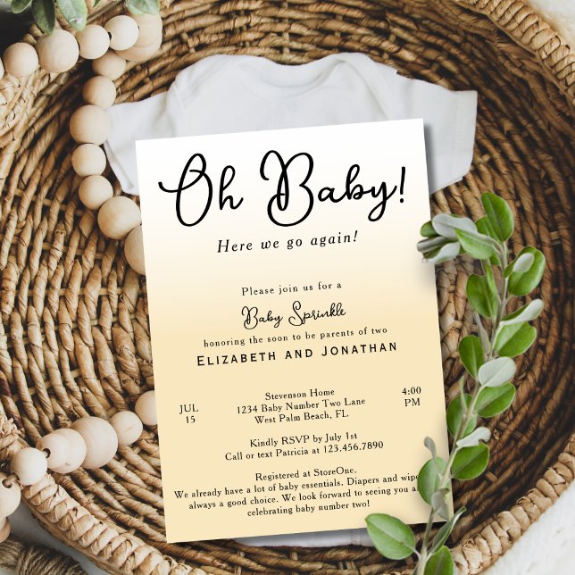 Invitation Simple Funny Oh Baby Jaune 2ème Bébé Saupoudrer (Créateur téléchargé)