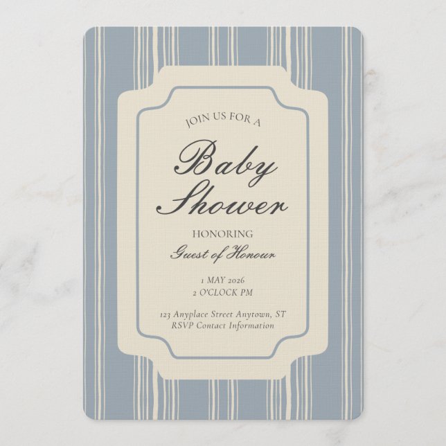 Invitation Simple Gender Neutral Geometric Stripe Blue Beige (Devant)