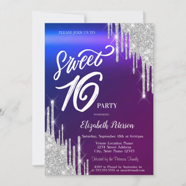 Invitation Simple Glitter Argent Gouttes Dégradé Douce 16  (Devant)