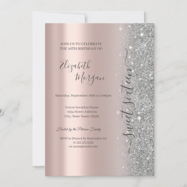 Invitation Simple Glitter Argent Rose Gold Douze Ans (Devant)