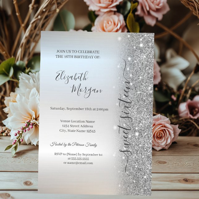 Invitation Simple Glitter Argenté Douce 16 (Créateur téléchargé)