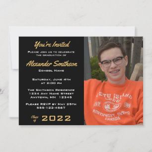 Invitation Simple Gold Black & White Graduation Photo Invitat