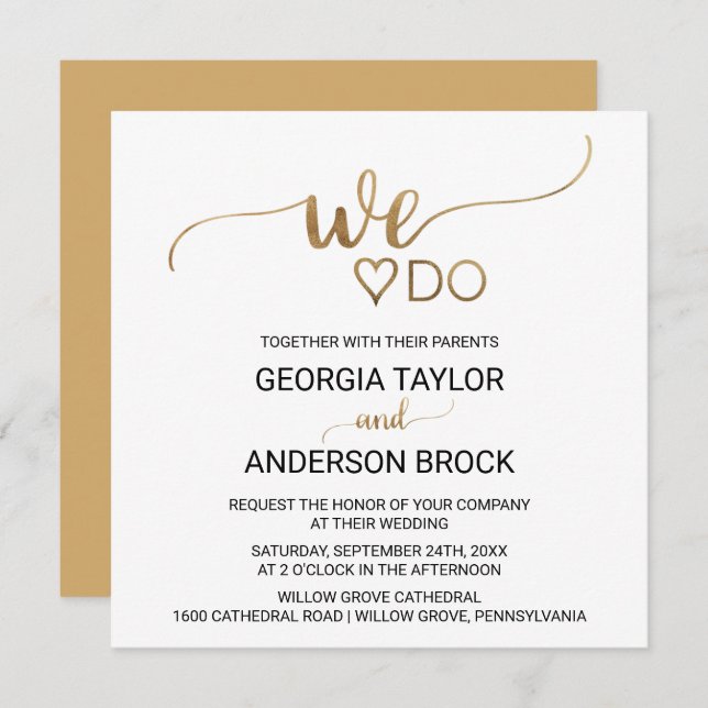 Invitation Simple Gold Calligraphie "We Do" Carré Mariage (Devant / Derrière)