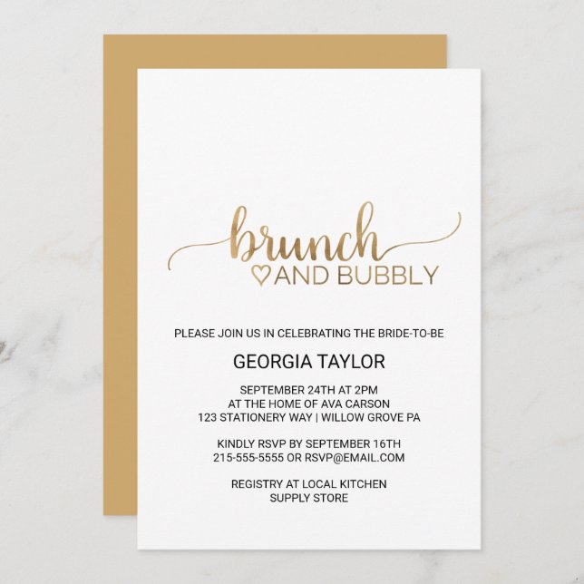 Invitation Simple Gold Calligraphy Brunch et Bubbly (Devant / Derrière)