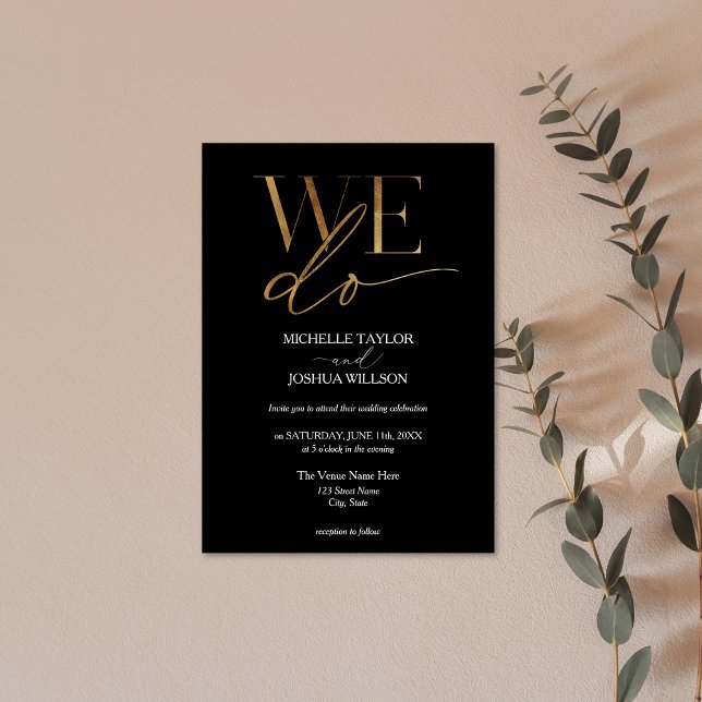 Invitation Simple Gold Elegant Minimaliste NOUS FAIRE (simple elegant gold WE DO on the black background wedding invitation)