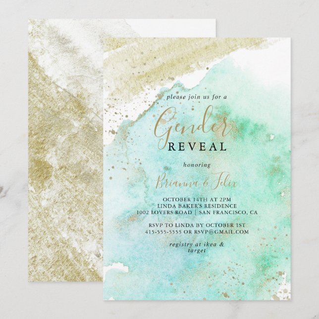 Invitation Simple Gold Green Minimalist Genre Reveval Party (Devant / Derrière)