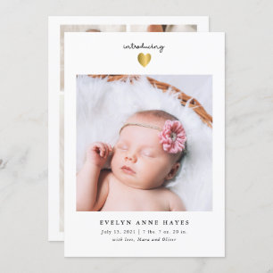 Invitation Simple Gold Heart Baby Photo Birth Announcement