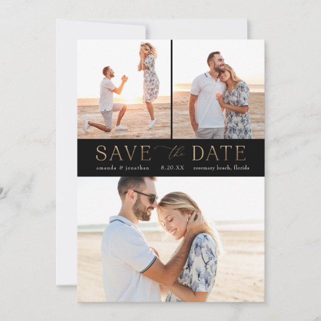Invitation Simple Gold Multiphoto Enregistrer la date (Devant)