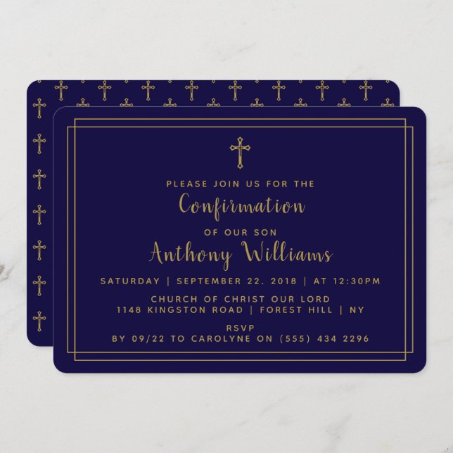 Invitation Simple Gold & Navy Blue Cross Confirmation (Devant / Derrière)
