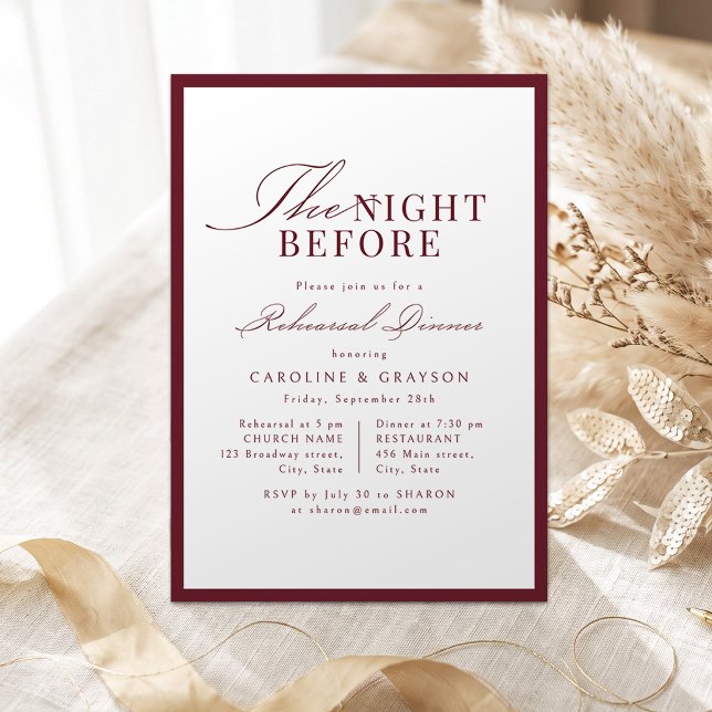 Invitation Simple Graceful Script Bourgogne La Nuit Avant (Simple Graceful Script Burgundy The Night Before Invitation)