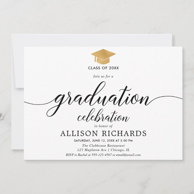 Invitation Simple graduation, or blanc calligraphie moderne (Devant)