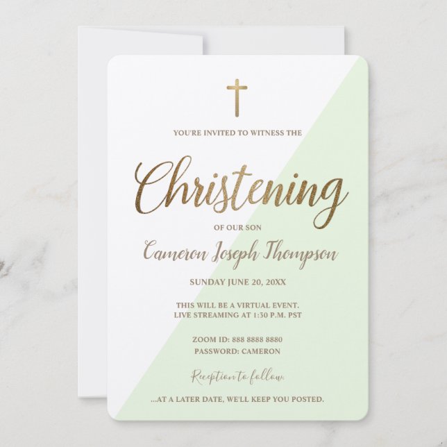 Invitation Simple Green Gold Cross Virtual Baby Christening (Devant)