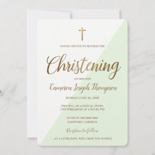 Invitation Simple Green Gold Cross Virtual Baby Christening