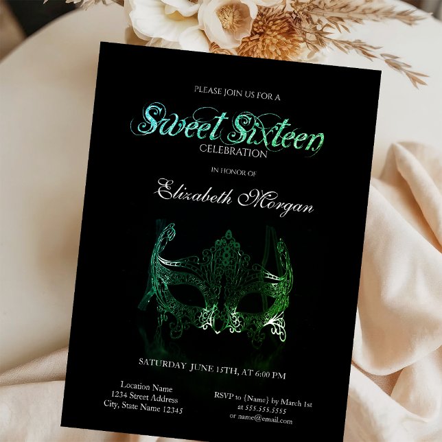 Invitation Simple Green Masque Black Sweet 16 (Créateur téléchargé)