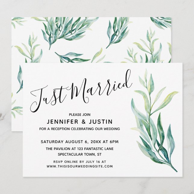 Invitation Simple Green Tout Juste Marié Feuillage Aquarelle (Devant / Derrière)
