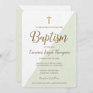 Invitation Simple Green White Gold Cross Baptême virtuel