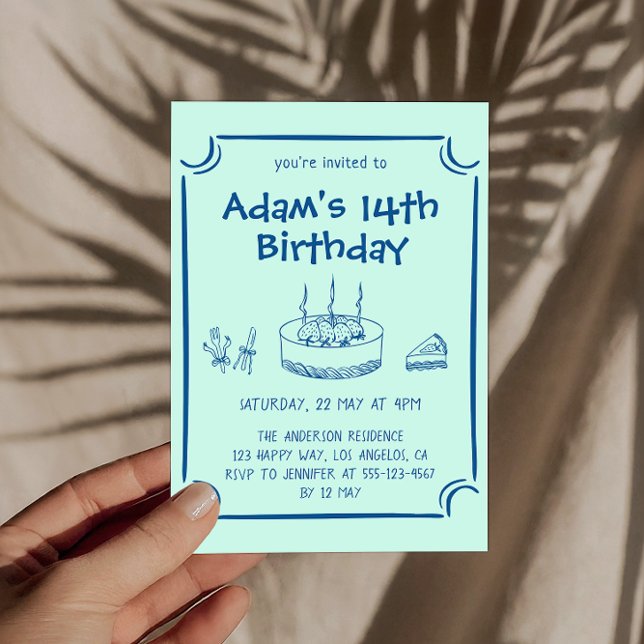 Invitation Simple Hand-Drawn Cake 14th Birthday Party         (Créateur téléchargé)