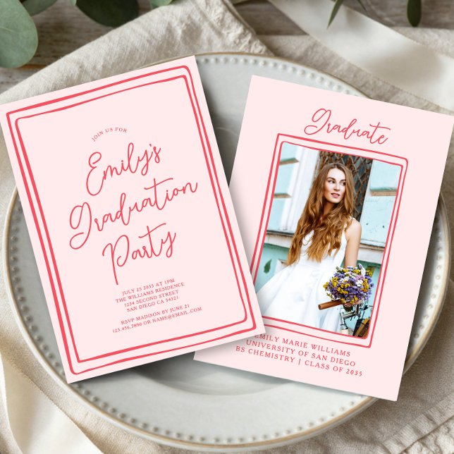 Invitation Simple Hand Drawn Graduation Party Photo Pink (Créateur téléchargé)