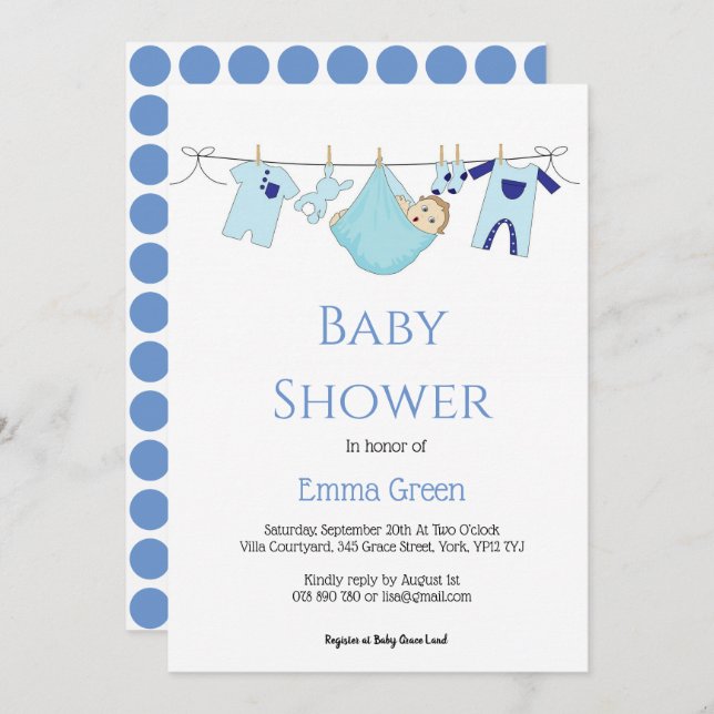 Invitation Simple illustration bleue Baby shower garçon (Devant / Derrière)