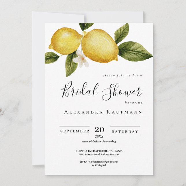 Invitation Simple Italia Lemon Calligraphy Fête des mariées (Devant)
