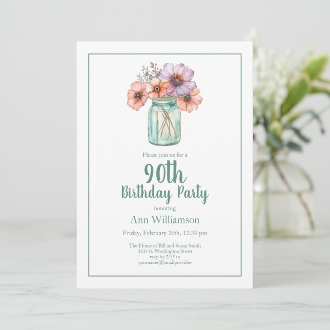 Invitation Simple Jardin de Fleurs à l'Aquarelle 90e Annivers (Debout devant)