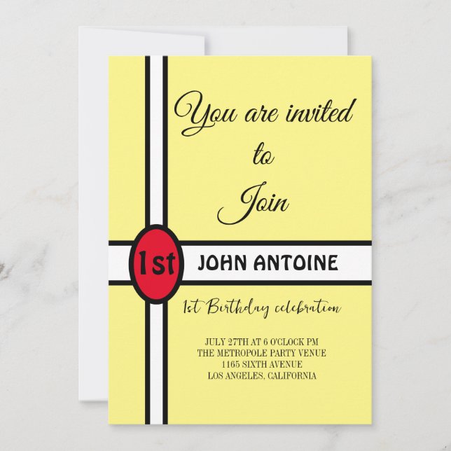 Invitation Simple Jaune Moderne Élégante 1ère fête d'annivers (Devant)