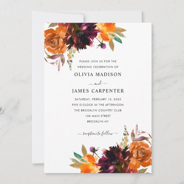 Invitation Simple jaune violet bordeaux Mariage de automne fl (Devant)